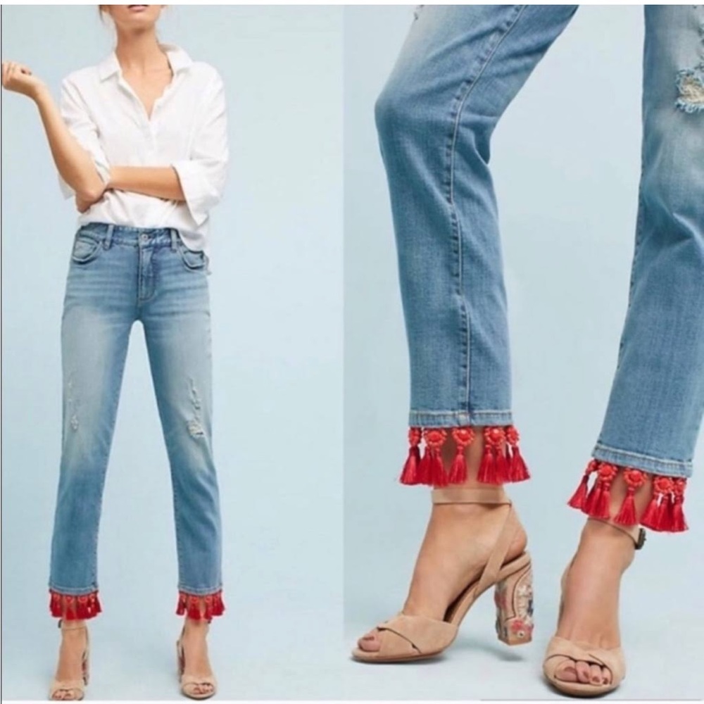 Anthropologie - Pilcro Jeans Red Beaded Tassel Fringe - 28